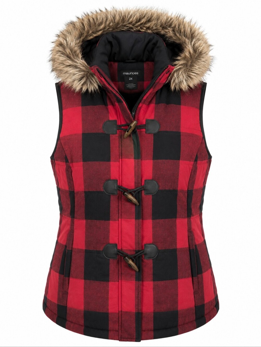MAURICES | Red Black Buffalo Plaid Quilted Puffer Zipper Vest Removable Fur | 20
